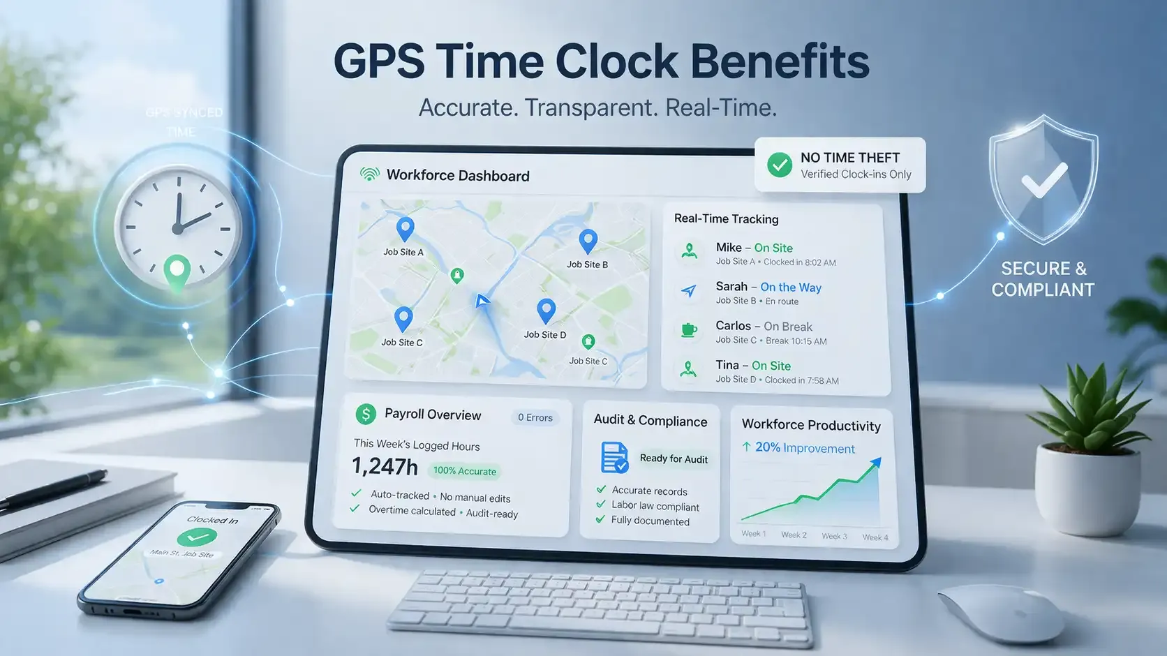 GPS time clock dashboard showing real-time tracking and payroll accuracy